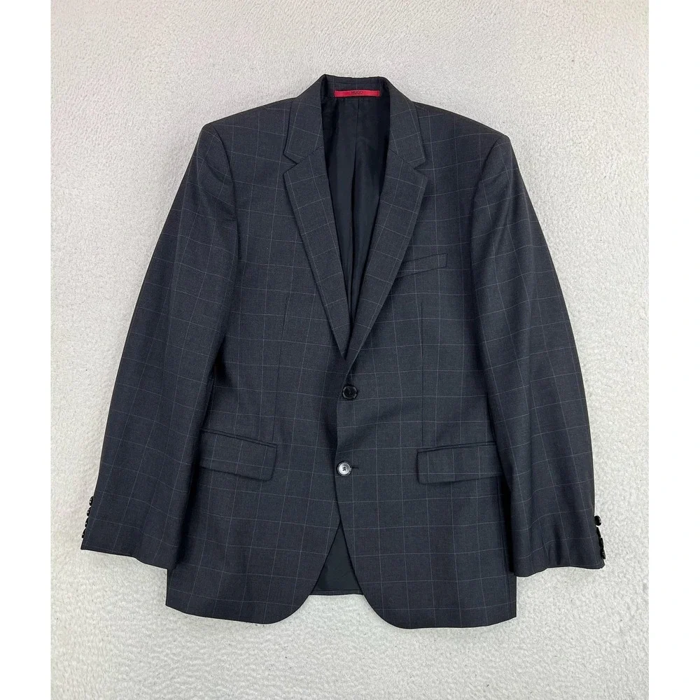 HUGO BOSS Suit Jacket Mens 40R (EU 50) Gray Check Wool 2 Button Blazer Bulgaria
